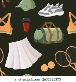 Vector seamless pattern in hand drawn flat style featuring tennis equipment and apparel, including rackets, balls, shoes, and sportswear on dark background.