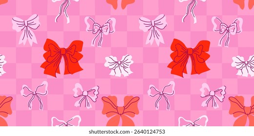 Vector seamless pattern with hand drawn ribbons and. bow, abstract feminine background for textile, wallpaper, stationery, decorative gift paper