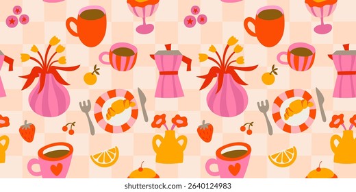 Vector seamless pattern with hand drawn elements, breakfast and coffee, abstract cartoon background for textile, wallpaper, stationery, decorative gift paper, banners and prints