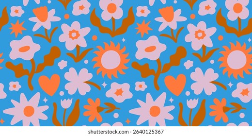 Vector seamless pattern with hand drawn elements, summer and flowers, abstract cartoon background for textile, wallpaper, stationery, decorative gift paper, banners and prints