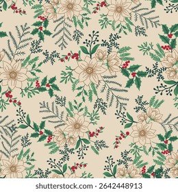 Vector seamless pattern with hand drawn poinsettias and Christmas plants. Christmas seamless pattern with winter floral on beige background used for textile.