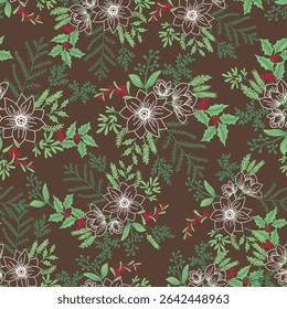 Vector seamless pattern with hand drawn poinsettias and Christmas plants. Christmas seamless pattern with winter floral on dark brown background used for textile.