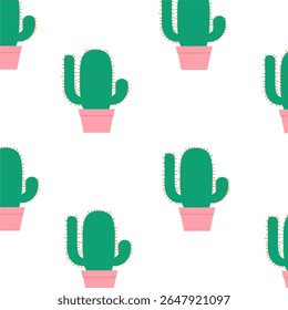 Vetor padrão sem emenda com cactos desenhados à mão em vasos, isolado no fundo branco. Impressão de cacto para papel de parede, papel de presente, têxtil, tecido, embalagem, papelaria e saudações de verão.