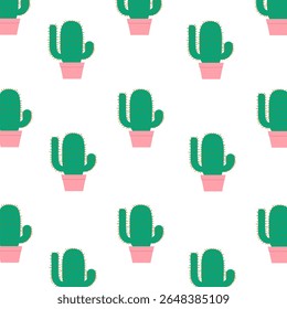 Vetor padrão sem emenda com cactos desenhados à mão em vasos, isolado no fundo branco. Pode ser usado para papel de parede, papel de presente, têxtil, tecido, embalagem, papelaria e saudações de verão.