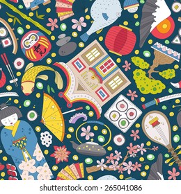 Vector seamless pattern with hand drawn japanese symbols, including geisha, sakura, bonsai, lantern. Cute unique doodle background for digital scrapbooking, wallpapers and fabric, travel website. 