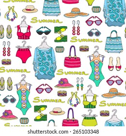 Vector seamless pattern with hand drawn fasionable clothes for  beach vacation. Background for use in design, web site, packing, textile, fabric