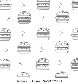 Vetor padrão sem emenda com hambúrgueres desenhados à mão saborosos. Elementos de design de alimentos adequados para impressões e padrões.