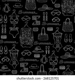 Vector seamless pattern with hand drawn fasionable clothes for  beach vacation on black background. Background for use in design, web site, packing, textile, fabric