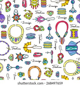 Vector seamless pattern with hand drawn fashionable and colored jewelry. Background for use in design, web site, packing, textile, fabric