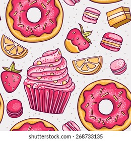 Vector seamless pattern with hand drawn donuts, cupcake, macaroons marshmallow and fruits. Strawberry and orange flavors. Use for birthday invitations, menus, recipe cards, window displays, textiles.