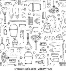 Vector seamless pattern with hand drawn symbols of cleaning services company on white background. Background for use in design, web site, packing, textile, fabric