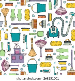 Vector seamless pattern with hand drawn symbols of cleaning services company. Background for use in design, web site, packing, textile, fabric