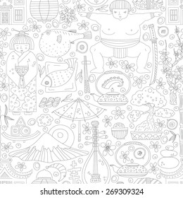 Vector seamless pattern with hand drawn japanese symbols, including geisha, sakura, bonsai, lantern. Cute unique doodle background for digital scrapbooking, wallpapers and fabric, travel background. 