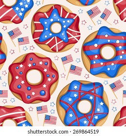 Vector seamless pattern with hand drawn glazed donuts. National colors of the United States. American flag,stars and stripes. Use for celebration of independence day, party decoration,surface texture.