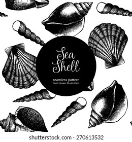 Vector seamless pattern with hand drawn sea shell illustrations  isolated on white. Vintage background with engraving shell sketch.