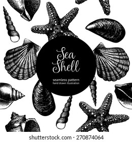 Vector seamless pattern with hand drawn sea shell sketch isolated on white. Vintage background with sea shells. 