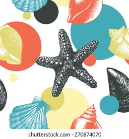 Vector seamless pattern with hand drawn sea shell sketch. Vintage background with sea shells and abstract colorful elements.