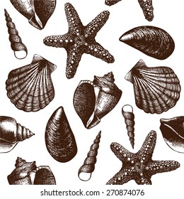 Vector seamless pattern with hand drawn sea shell sketch isolated on white. Vintage background with sea shells. 