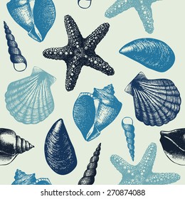 Vector seamless pattern with hand drawn sea shell sketch . Vintage background with sea shells in pastel blue colors