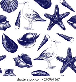  Vector seamless pattern with hand drawn sea shell and sea gull sketch isolated on white. 