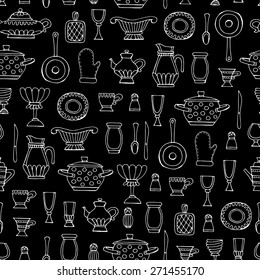Vector seamless pattern with hand drawn kitchen utensils on black background. Background for use in design, web site, packing, textile, fabric