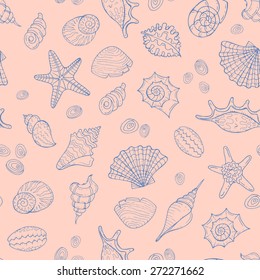 Vector seamless pattern with hand drawn sea shells on beige background. Background for use in design, web site, packing, textile, fabric