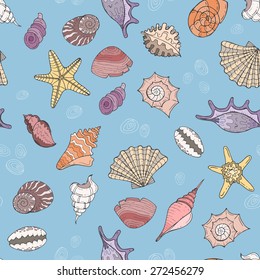 Vector seamless pattern with hand drawn sea shells on blue background. Background for use in design, web site, packing, textile, fabric