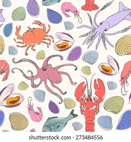 Vector seamless pattern. Hand drawn colored doodle of various sea animals. Octopus, squid, lobster, dorado fish, prawn, mussels, crab and vongole shell in blake lineart style.