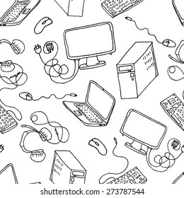 A vector seamless pattern of hand drawn doodles of electronic gadgets. Computer, laptop, monitor