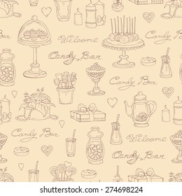 Vector seamless pattern with hand drawn candy bar symbols on beige background. Background for use in design, web site, packing, textile, fabric