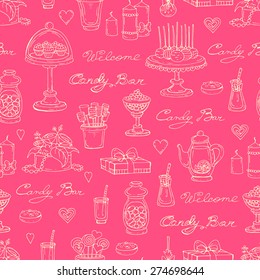 Vector seamless pattern with hand drawn candy bar symbols on pink background. Background for use in design, web site, packing, textile, fabric