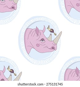 Vector seamless pattern with hand drawn pink rhino head in frame with little bird on it's horn. Good for kids fabric print, zoo card, birthday invitation, logotype, display windows