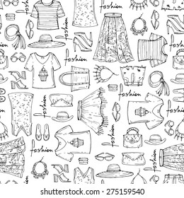 Vector seamless pattern of hand drawn fashion collection with summer women's clothing on white background. Background for use in design, web site, packing, textile, fabric