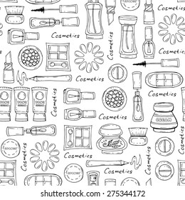 Vector seamless pattern with hand drawn cosmetics for women on white background. Background for use in design, web site, packing, textile, fabric