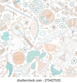 Vector seamless pattern with hand drawn japanese symbols, including geisha, sakura, bonsai, lantern. Cute unique doodle background for digital scrapbooking, wallpapers and fabric, travel background. 