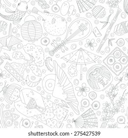 Vector seamless pattern with hand drawn japanese symbols, including geisha, sakura, bonsai, lantern. Cute unique doodle background for digital scrapbooking, wallpapers and fabric, travel background. 