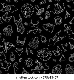 Vector seamless pattern with hand drawn fashionable swimsuits and accessories on black color. Background for use in design, web site, packing, textile, fabric