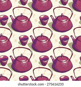 Vector seamless pattern. Hand drawn traditional asian cast iron teapot with cup. For design of a tea card, restaurant menu, invitation for tea ceremony. Bright drawing with liquid splashes and drops