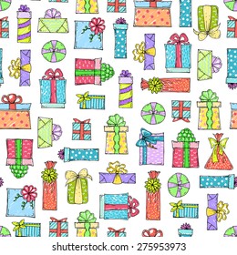 Vector seamless pattern of hand drawn gifts on white background. Background for use in design, web site, packing, textile, fabric