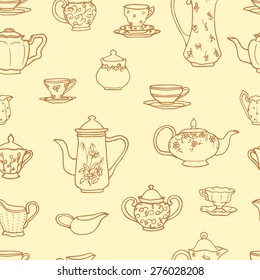 Vector seamless pattern with hand drawn vintage tea pots, cups, sugar bowls and milk jugs. Cute design elements, perfect for prints and backgrounds.