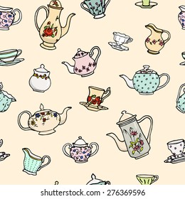 Vector seamless pattern with hand drawn vintage tea pots, cups, sugar bowls and milk jugs. Cute design elements, perfect for prints and backgrounds. - Shutterstock ID 276369596