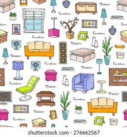 Vector seamless pattern of hand drawn furniture and decorative elements. Interior design. Background for use in design, web site, packing, textile, fabric