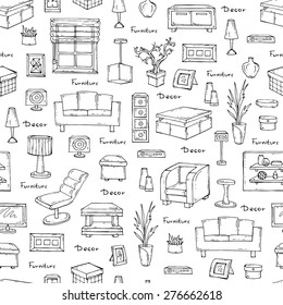 Vector seamless pattern of hand drawn furniture and decorative elements on white background. Interior design. Background for use in design, web site, packing, textile, fabric