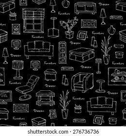 Vector seamless pattern of hand drawn furniture and decorative elements on black background. Interior design. Background for use in design, web site, packing, textile, fabric
