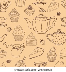 Vector seamless pattern with hand drawn tea pots, cups, sugar bowls, milk jugs, desserts and berries.