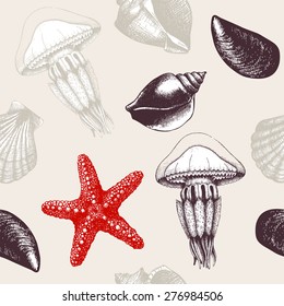 Vector seamless pattern with hand drawn sea shells, sea star and jellyfish sketch. Vintage background with sea shells. 