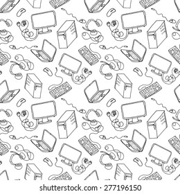 A vector seamless pattern of hand drawn doodles of electronic gadgets. Computer, laptop, monitor