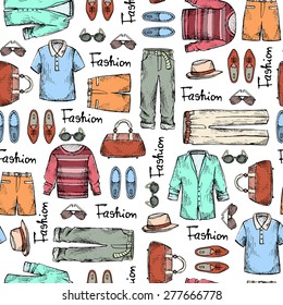 Vector seamless pattern of hand drawn fashionable men's clothes. Background for use in design, web site, packing, textile, fabric