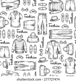 Vector seamless pattern of hand drawn fashionable men's clothes on white background. Background for use in design, web site, packing, textile, fabric