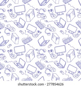 A vector seamless pattern of hand drawn doodles of electronic gadgets. Computer, laptop, monitor